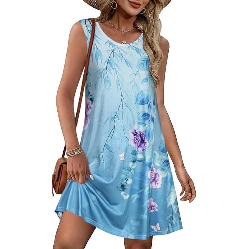 Summer Dresses for Women Beach Boho Sleeveless Vintage Floral Flowy Pocket Tshirt Tank Sundresses Small Blue Purple Flower