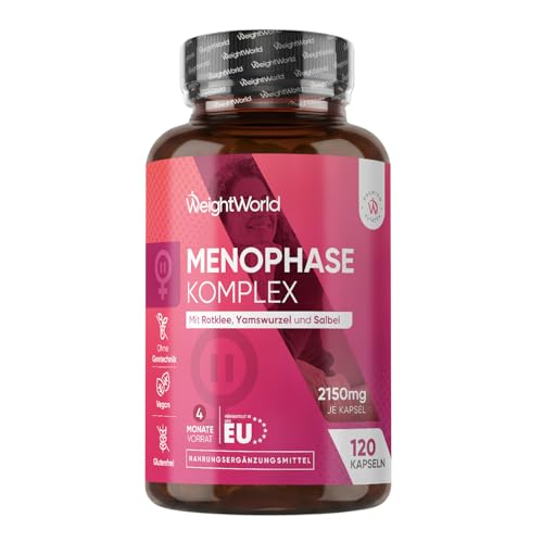 Menophase Komplex für Frauen - 2150 mg pro Portion - 120 Wechseljahre Kapseln - 4 Monate Vorrat - Mit Rotklee Wild Yam & Salbei Vitamin B6 B9 B12 & D3 Magnesium Eisen & Zink - WeightWorld