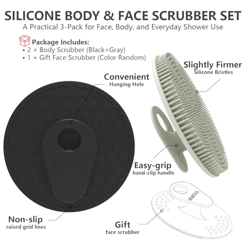 Image of Silicone Body and Face Scrubber Set 3 Pack, BEAUTAIL Shower Bath Scrubber, Gentle Exfoliating Brush for Women Men Sensitive Skin, More Hygienic Than Traditional Loofah, Long Lasting, Black+Gray