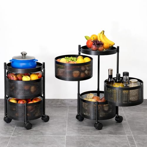 Image of RADIANT 3 Layer Multipurpose Plastic Trolley with Dish Rack for Kitchen Fruit Vegetable Storage Basket Kitchenware Food, Snacks, Toys, Tiered Shelf (Black) (Trolley Round-3 Layer)
