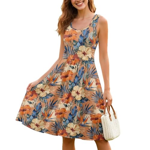 Image of Women Stylish Tank Dresses Sleeveless Round Neck Midi Casual Dress with Pocket for Summer