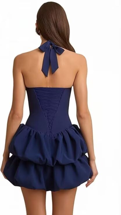Summer Halter Neck Corset Homecoming Dress Tiered Bubble Mini Casual Dress2