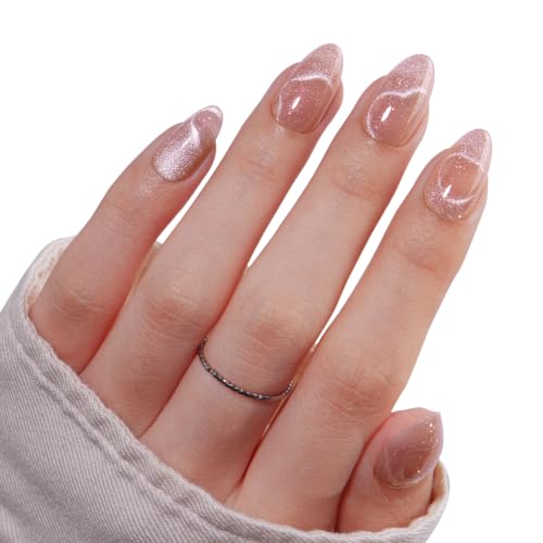 VSALON Press On Nails Short Almond-Nude Pink Cat Eye Sparkly Fake...