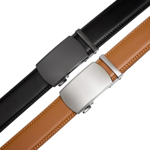Image of 2 Pack Ratchet Belt 1 3 /8 inch, Mens leather Dress Belt in Gift Set Size 28 inch-62 inch Adjustable waist Trim to Fit