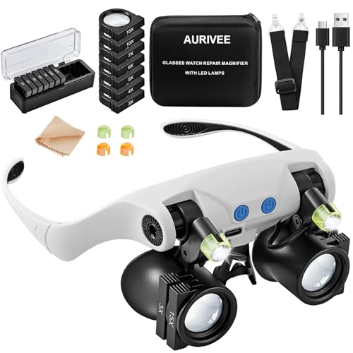 AURIVEE Loupe Frontale avec Lumière,7 Paires de Lentilles Interchangeables (3X-15X) pour Bijoutiers Réparation Montres - Lunettes Loupe LED Rechargeables...