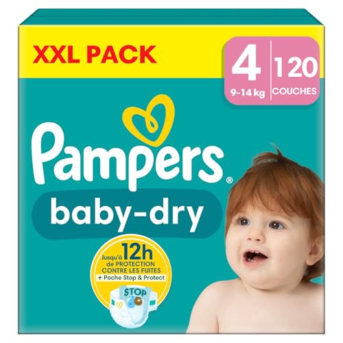 Pampers Baby-Dry Größe 4, 120 Windeln, 9 kg - 14 kg, mit einer Stop- & Protect-Tasche auf der Rückseite der Windel für eine Nacht bis zu 100% ohne Auslaufen