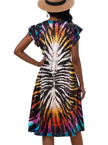 Image of Womens Summer Dress Ruffle Sleeve V Neck Midi Dresses Casual Fit Flowy Tiered Boho Beach Vacation Sundress