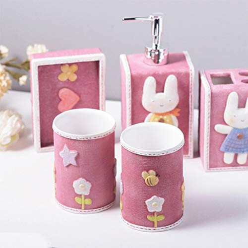 Xinxinchaoshi Lotion Dispenser Cute Bunny Bathroom Accessory 5 Piece Set, Toothbrush Holder Toothbrush Cup Soap Dispenser Set Girl Girlfriend Gift (Pink) #TOP2