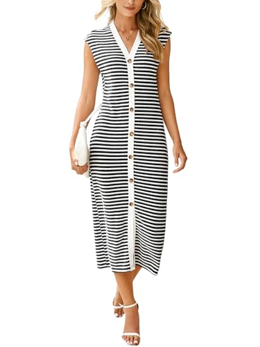 Simplee Women Button Striped Summer Dress Knit Casual Cap Sleeve V-Neck Midi Comfy Travel Dresses 2025 Trendy