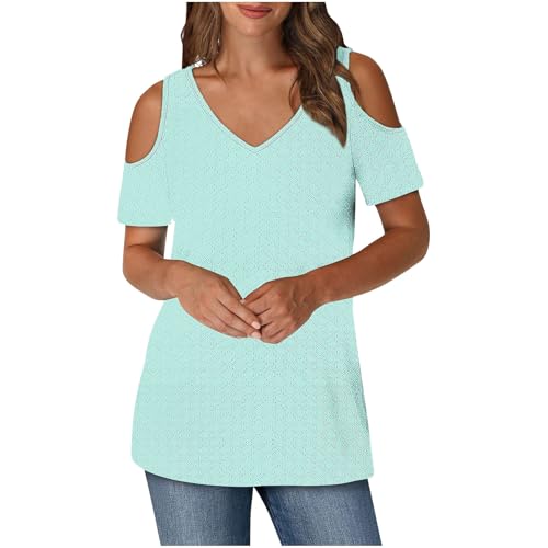 My Orders - Camisetas de verano para mujer, hombros descubiertos, manga corta, cuello en V, con ojales, casuales, suaves, color sólido, a la moda, ropa activa, camisetas de moda, túnica de trabajo
