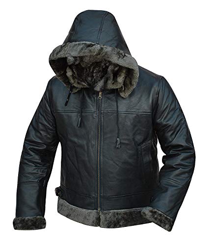 Mens Sheepskin Hooded Aviator Fur Shearling Jacket | Bomber Flight Pilot Black Leather Jacket | Removable Hoodie