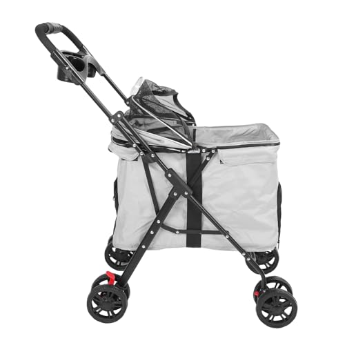 Cochecito de viaje para perros mediano y grande con portavasos y bandeja gris