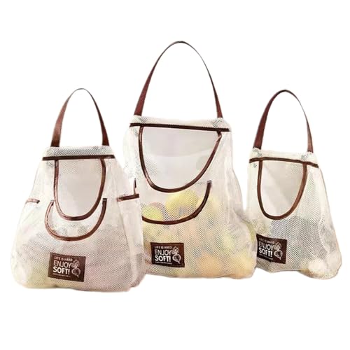 3 – Piece Set of Off – White Reusable Grocery Mesh Bags – Ideal Hanging Net String Shopping Bags for Produce like Potatoes, Onions, Tomatoes