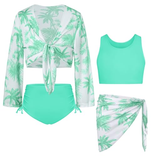 Image of GRACE KARIN Girls Bathing Suit Adjustable Taniki Swimsuit Tie Front 4 Piece Bikini Set with Kimono Cover Up 6-14