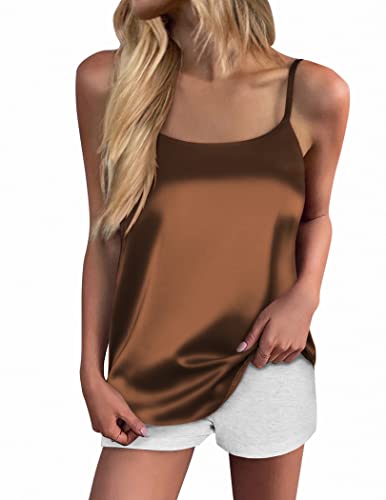 Ekouaer Silk Camisole Tops Womens Sleeveless Cami Tank Top Satin Spaghetti Strap Blouse Summer Basic Tank Cami Brown,X-Large