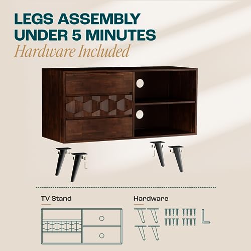 Image of Bme Georgina 45 Inch Solid Wood TV Stand, Under 10 Minutes Assembly Entertainment Center with Storage, Geometric Pattern TV Console for Living Room, Bedroom, Dinning Room - Walnut