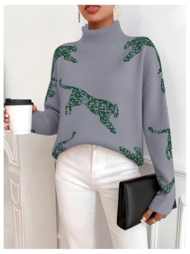 Image of WDIRARA Women's Leopard Tiger Print Sweater High Neck Long Sleeve Fuzzy Knitted Pullover Top