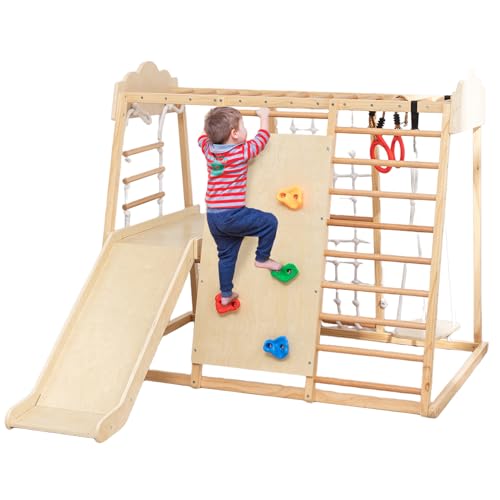 Image of 8-in-1 Wooden Indoor Jungle Gym for Toddlers, Montessori Climbing Playset with Slide, Swing, Climbing Net, Rings, Monkey Bars - Indoor Playground for Kids Ages 3-8