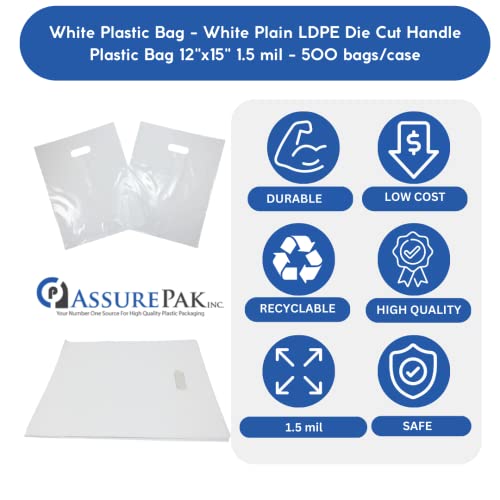White Plastic Bag - White Plain Ldpe Die Cut Handle Plastic Bag 12"X15" 1.5 Mil - 500 Bags/Case #TOP2