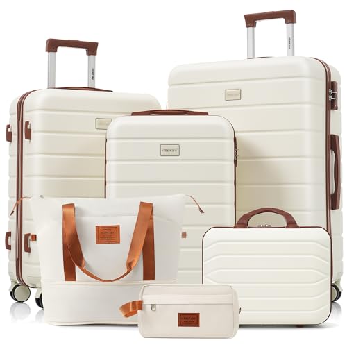 Image of Hardside Luggage Sets, Lightweight Stripes Suitcase with Spinner Wheels, Ivory 6pcs