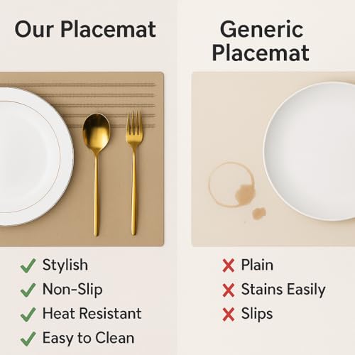 Image of YELONA Leather Dining Table Placemats Set of 2 - Waterproof, Heat Resistant, Anti-Slip, Easy to Clean Table Mats for Dining Table, Kitchen & Home Decor (Tan Beige, 40 x 30 cm)