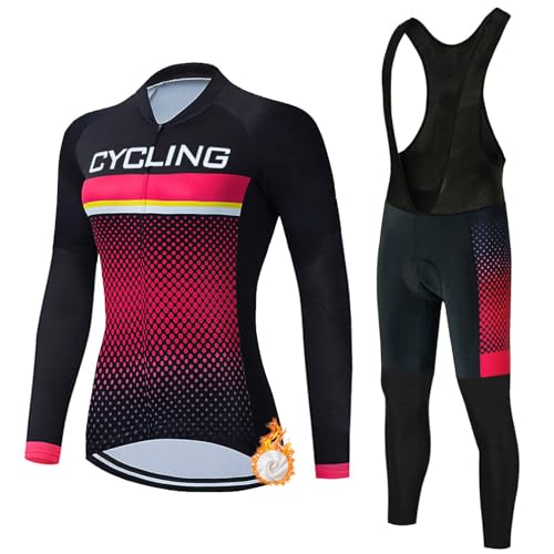 Maillot Ciclismo Mujer Invierno Ropa Bici MTB Conjunto Ciclista Polar Térmico,Traje Bicicleta Chaquetas Ciclo Manga Larga y Pantalones Tirantes con 19D Gel Acolchado,Completa de BTT Jerseys|11,3XL