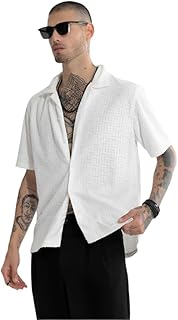 SNITCH Men Streetwear Shirt | Box Fit Half Sleeve Cuban Collar Textured Self-Design | Cotton Poly Blend &amp; Breathable Fabri...