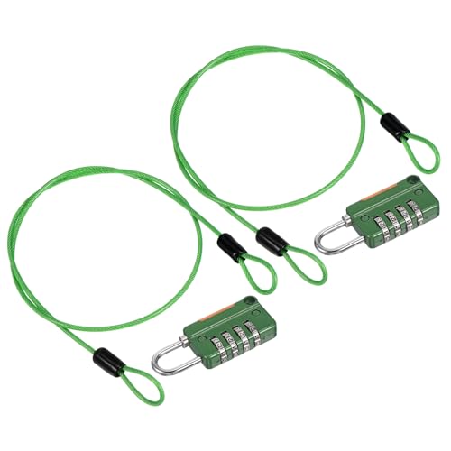 Image of PATIKIL Security Steel Cable with 4 Digit Combination Lock, 2 Set 1.6Ft Coated Safety Wire Rope Double Loop Padlock for Outdoor Travel Luggage, Green