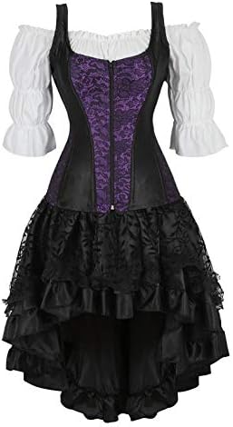frawirshau Steampunk Corset Dress Bustiers and Punk Skirt and White Blouse Pirate Costume, Purple M
