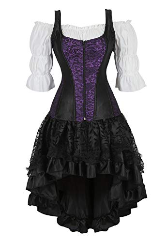 Frawirshau Steampunk Corset Dress Bustiers And Punk Skirt And White Blouse Pirate Costume, Purple M #TOP5
