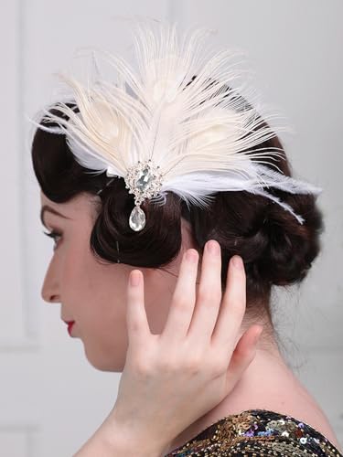 Teyglen 1920s Feather Headpiece Feather Hair Clip Pin with Crystal Flapper Feather Headband Prom Party Roaring 20s Hair Accessories for Women (Silver)