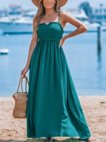 Image of CUPSHE Women Spaghetti Straps Boho Maxi Dress Summer Sleeveless Smocked Floral Beach Long Dress Flowy Cruise Vacation Outfits