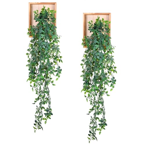 Briwooody 2 Pack Artificial Hanging Plants with Wooden Frames Home Fake Hanging Mandala Leaves Greenery Plants Mandala Vine Supplies for Wall Living Room Decor Bathroom Shelf Indoor