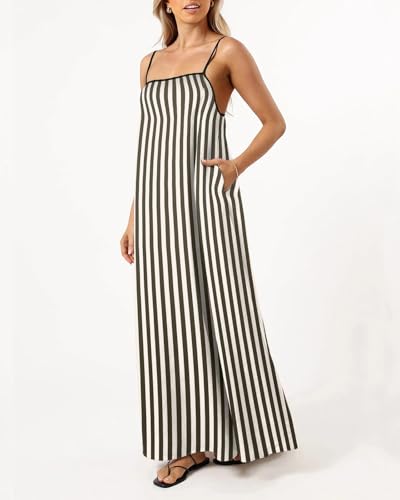 Image of Senllen Women's Linen Dress Summer Loose Flowy Sundress Contrast Spaghetti Strap Sleeveless Backless Beach Maxi Long Dresses