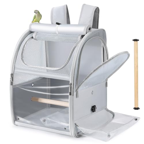 Suertree Mochila para pájaros, caja de transporte para periquitos y loros, soporte de pájaro repelente al agua con 2 barras de asiento y bandeja, jaula de viaje transpirable para perquitas, ligera