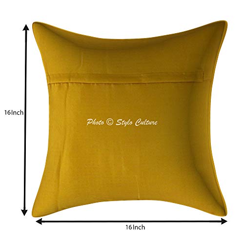 Image of Decorative Brocade Cushion Covers 16x16 Inch Banarasi Jacquard Weave Mustard Yellow & Gold Home Decor Peacock Traditional Square 40x40 cm Zippered Sofa Settee Pillowcases -Set of 2 Pcs