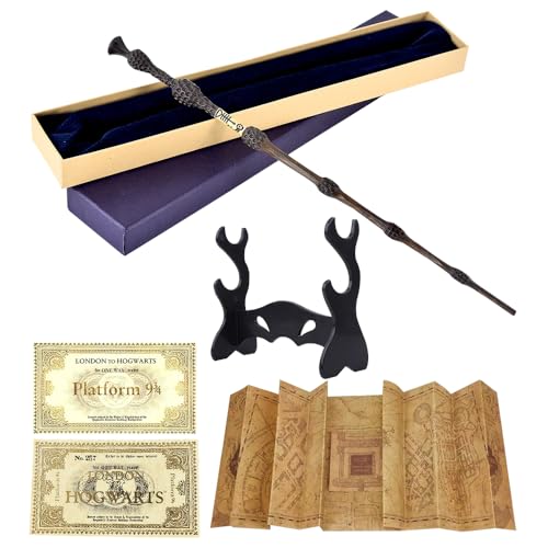 CJBIN Elderstab H-arry P-Otter, 37CM Dumbledore Zauberstab aus Harz und Stahlkern, Zauberstab Dumbledore in Geschenkbox mit Karte, Stationsticket, Landkarte, und Halter