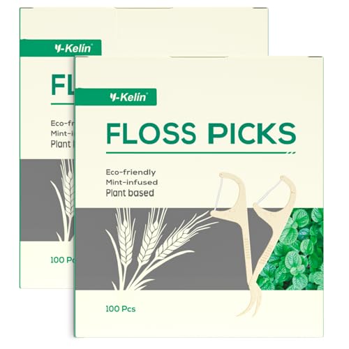 Y-Kelin Dental Floss Picks | Eco-Friendly Wheat Straw Floss Sticks | 200 Count Gentle on Gums | Plastic-Free, Compostable | Sustainable Oral Care for Adults & Kids | Vegan, Cruelty-Free