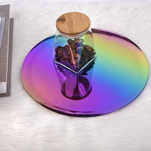 Qboso Rainbow Round Trays 11 In Stainless Steel Serving Plate Vanity Trays Candle Trays Bathroom Dresser Kitchen Cosmetics Jewelry Desk Decor Organizer #TOP3