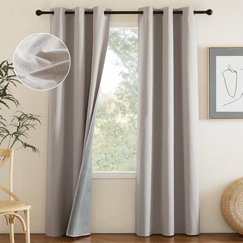 Image of NICETOWN Natural Full Blackout Boho-Chic Faux Linen Curtains 84 inch Long 2 Panels Set for Cafe Window, 42 inch Wide, Thick Faux Linen Blend Drapes, Insulated Window Covers Draperies with White Backing