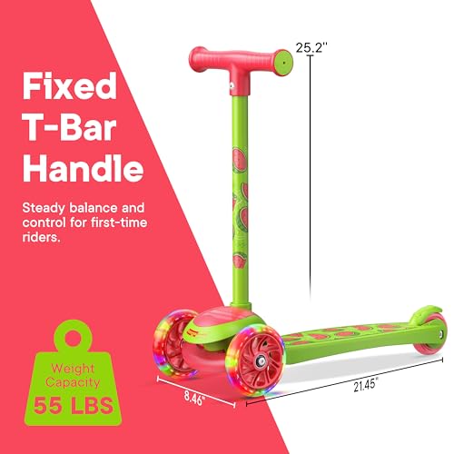 3 Wheel Scooter for Kids, Smooth Light Up LED Front Wheels, Wide Anti Slip Deck, Rear Foot Brake, Easy Lean to Steer Maneuvering, Indoor & Outdoor Ride On Toys for Ages 2 Up, Watermelon Color by Scooter Stars - Image 2