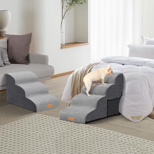 Dog Stairs for Small Dogs,4-Step,Foam Dog Steps&Ramps for Couch/High Beds with Waterproof &Removable Cover, Non-Slip, Grey