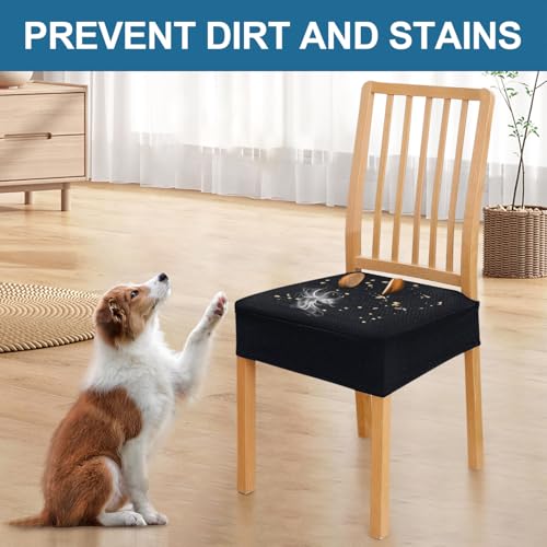Image of Smiry Waterproof Seat Covers for Dining Room Chairs, No Rear Covers | Stretch Jacquard Removable Washable Chair Seat Slipcovers Protector, Set of 8, Black