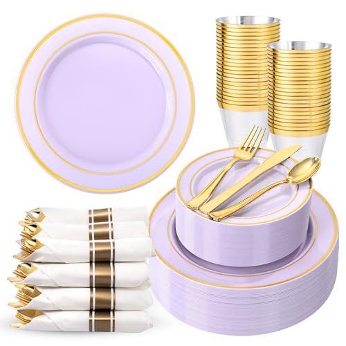 WDF Partyware 350PCS Purple Plates Disposable - Purple Plastic Plates 50Guests Lavender Disposable Dinnerware Sets with Rolled Napkins for Wedding/Birthday/Baby Shower/Bridal Shower
