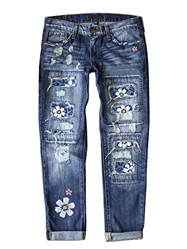 Astylish Women Daisy Distressed Boyfriend Jeans Raw Hem Mid Waist Denim Stretchy Ripped Washed Ankle Pants XX-Large