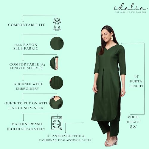 Image of idaLia Rayon Solid Straight Brown Kurta Set for Women with Palazzo 3 /4 Sleeve, Round V Neck Designer Kurta with Palazzo Pant Set