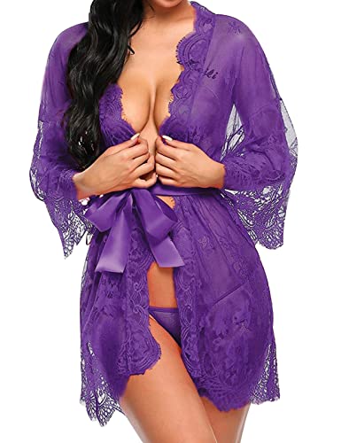 Tuopuda Femme Chemise de Nuit Sexy Dentelle Lingerie Pyjama en Dentelle Transparente avec G-String Robes de Chambre Vêtements de Nuit Nuisette Peignoirs de Bain,S,Violet-Violet
