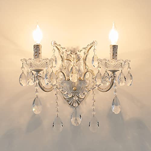 YLONG-ZS White Crystal Wall Sconce Lighting, Modern K9 Glass Crystal Drops Shade Wall Lamp Bedroom Living Room Lighting,E12 Bulb Not Included W6039-2-White