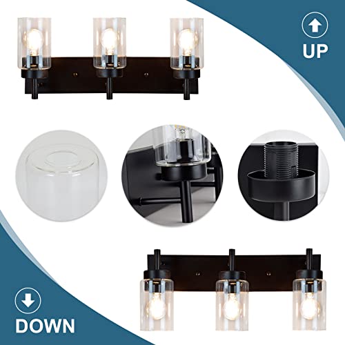 Image of DLLT Wall Light Fixture, Vintage Bathroom Vanity Light with 3 Clear Glass Shade, Wall Sconces Lamp for Powder Room, Hallway, Kitchen, Mirror, Laundry Room (E26 Base)