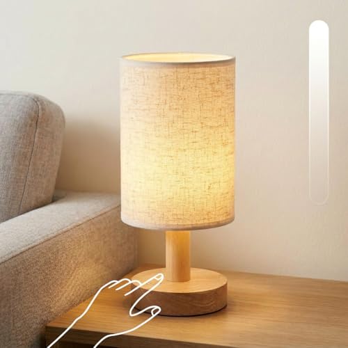 Puzipha Small Cordless Rechargeable Table Lamp, Touch Control Dimmable 2700K Warm Light, Natural Wood Base Linen Shade for Bedroom Dorm Nightstand